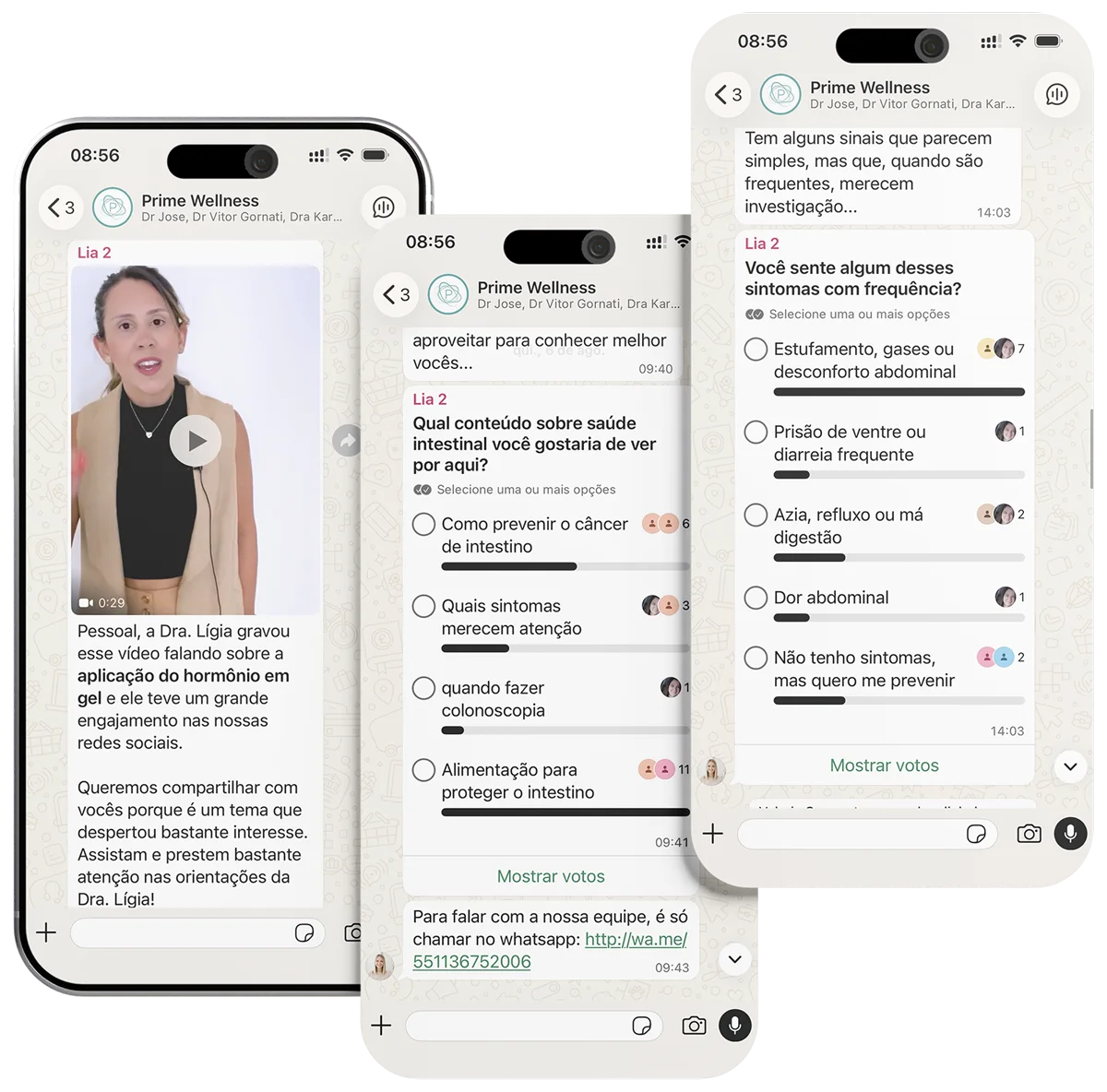 Vídeo e enquete publicados no grupo Prime Wellness do WhatsApp